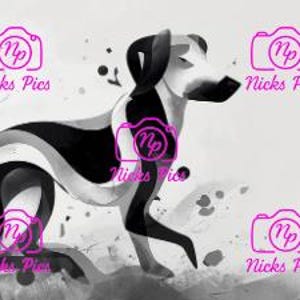 May include: Abstract illustration of a dog in black and white, with flowing lines and splashes of color. The dog is running, with a dynamic pose. The image has a watercolor effect and the text "Nicks Pies" is repeated.