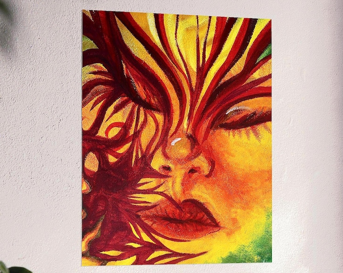 Psychedelic Face Wall Art Print – Abstract Flame Spirit Tree Artwork, Trippy Spiritual Decor, Colorful Modern Home Art | Krissi Noir