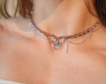 Collana in macramè con labradorite, girocollo boho hippie, catena di gioielli estivi, argento o oro, regalo per lei, gioielli bohémien stravaganti