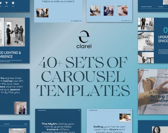 May include: A promotional graphic with a blue and white color scheme. The central text reads "40+ SETS OF CAROUSEL TEMPLATES." Additional text and images are arranged around the central text, promoting real estate services.