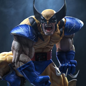 May include: A collectible figurine of the character Wolverine in a crouching pose, wearing a yellow and blue suit with shoulder pads and gloves. The figure features extended metallic claws, a mask with black ear fins, and stands on a snowy base.