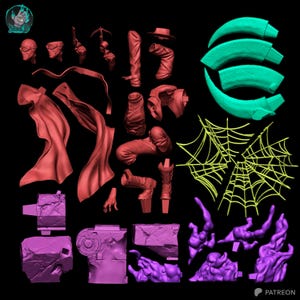 May include: A collection of 3D-printed model parts in various colors, including red, green, yellow, and purple. The components include a cape, boots, a hat, a crossbow, and a spiderweb. The image is set against a black background.