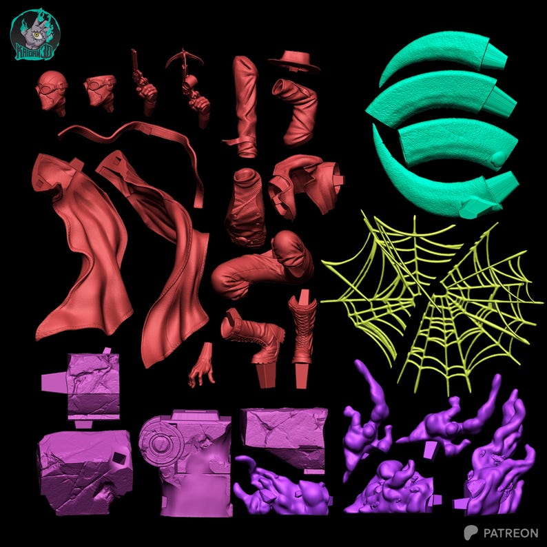 May include: A collection of 3D-printed model parts in various colors, including red, green, yellow, and purple. The components include a cape, boots, a hat, a crossbow, and a spiderweb. The image is set against a black background.