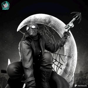 May include: Black and white action figure of a character in a black costume with a spiderweb-like mask and a long coat, holding a silver and black grappling hook gun. The figure is posed in front of a moon-shaped backdrop with a spiderweb design.