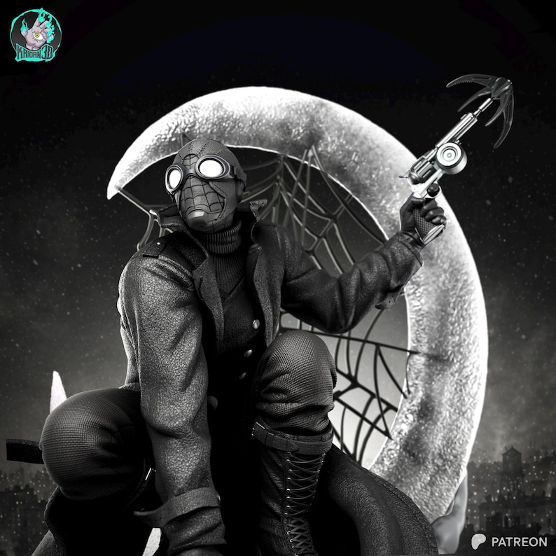May include: Black and white action figure of a character in a black costume with a spiderweb-like mask and a long coat, holding a silver and black grappling hook gun. The figure is posed in front of a moon-shaped backdrop with a spiderweb design.