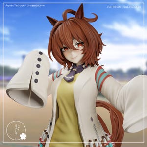 Op de afbeelding: Gedetailleerd beeldje van Agnes Tachyon uit Umamusume. Het beeldje heeft bruin haar, rode ogen en een witte jas met rode en blauwgroene strepen. Het beeldje draagt een gele top en een paarse sjaal. De tekst "PATREON | SALTSCULPT" is zichtbaar.