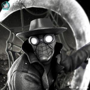 May include: Black and white image of a character wearing a fedora, goggles, and a mask with a spiderweb design. The character is also wearing a long coat. The background features a cityscape and a large, circular shape.