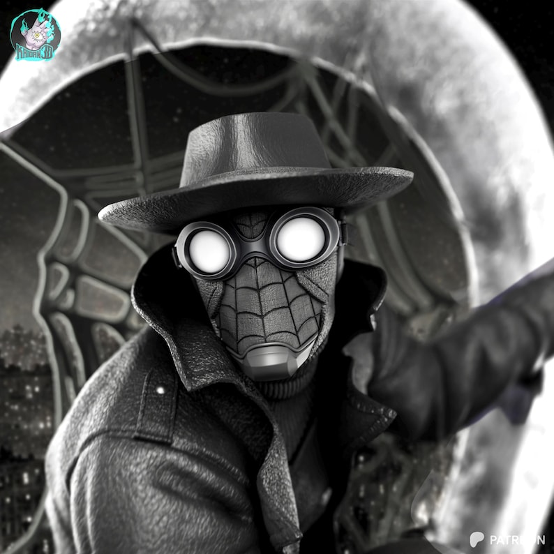 May include: Black and white image of a character wearing a fedora, goggles, and a mask with a spiderweb design. The character is also wearing a long coat. The background features a cityscape and a large, circular shape.