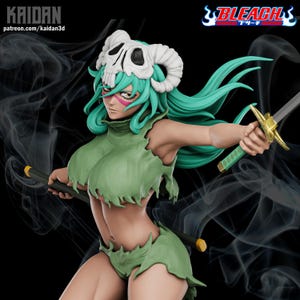 以下が含まれることがあります： アニメ『BLEACH』のキャラクター、ネリエルのコレクターズフィギュア。長いティール色の髪、白い羊の頭蓋骨のマスク、緑色のボロボロの衣装を身にまとっています。金色の鍔がついた刀を持ち、灰色の煙に包まれています。