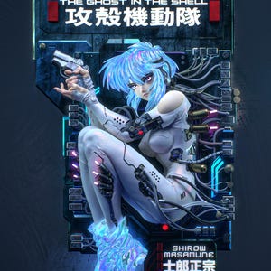 May include: A detailed figure from "The Ghost in the Shell" depicts a woman with blue hair and a white bodysuit, holding a gun. The figure is set against a dark background with neon accents and text in English and Japanese.