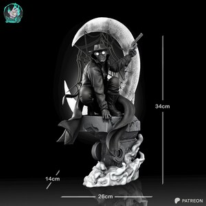 May include: A detailed grayscale figurine of a crouching figure with glowing eyes, holding a gun, and wearing a hat and long coat. The figure is 13.4 inches tall, 10.2 inches wide, and 5.5 inches deep, set against a crescent moon backdrop.