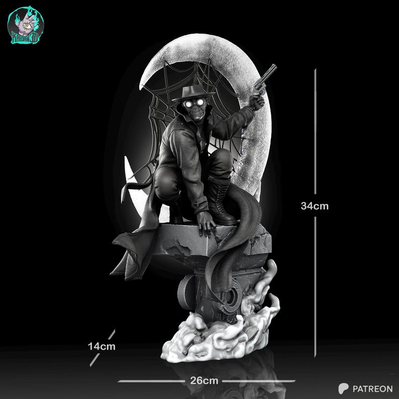 May include: A detailed grayscale figurine of a crouching figure with glowing eyes, holding a gun, and wearing a hat and long coat. The figure is 13.4 inches tall, 10.2 inches wide, and 5.5 inches deep, set against a crescent moon backdrop.
