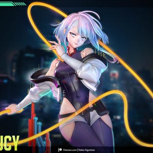 May include: A stylized anime-inspired figurine of a character named Lucy with short, multi-colored hair in shades of pink and blue. The figure wears a dark purple bodysuit, a white jacket, and holds a glowing yellow monowire loop.