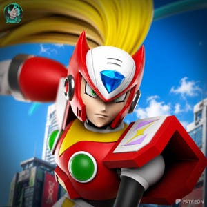 May include: A 3D character figure of Zero from Mega Man, featuring a red and white helmet with a blue crystal, long blonde hair, and red armor with green circular accents. The figure has a serious expression and is posed against a city background.