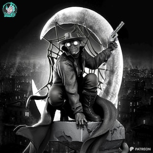 May include: A black and white statue of a character in a hat and coat, holding a gun. The character is crouching on a ledge with a cityscape in the background. The statue has a spiderweb design.