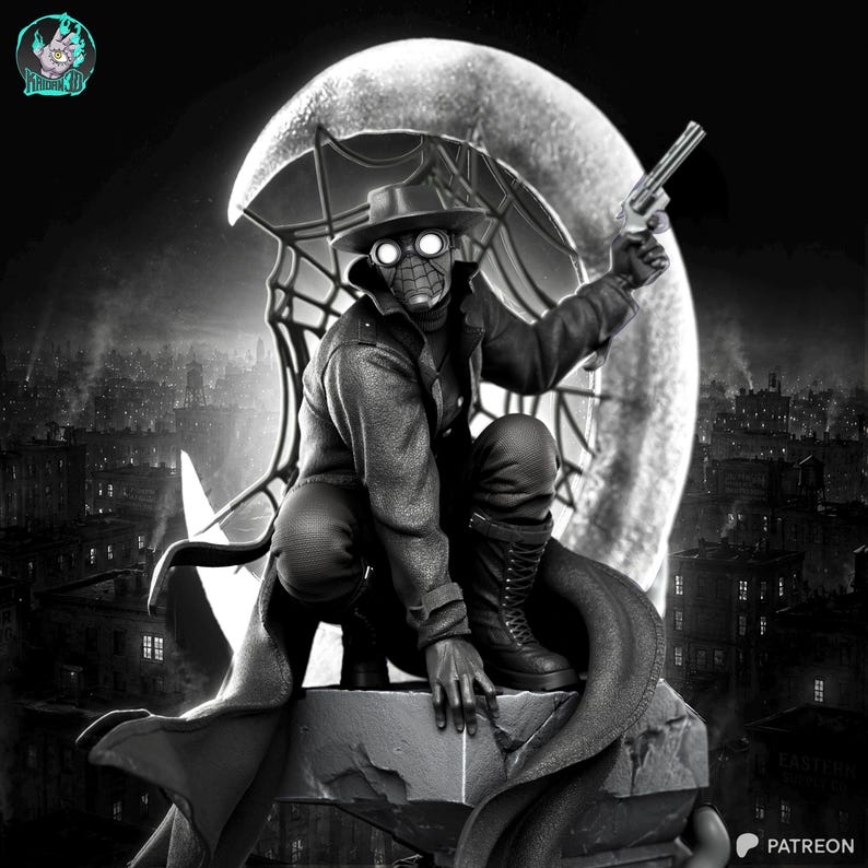 May include: A black and white statue of a character in a hat and coat, holding a gun. The character is crouching on a ledge with a cityscape in the background. The statue has a spiderweb design.