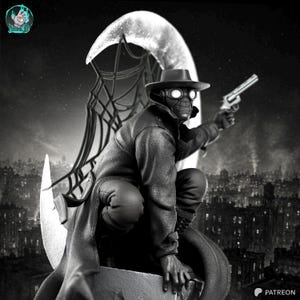 May include: Black and white figurine of a character in a long coat, hat, and goggles, holding a revolver. The figure is kneeling on a ledge with a cityscape backdrop and a crescent moon behind it. The figure has a spiderweb-like mask.