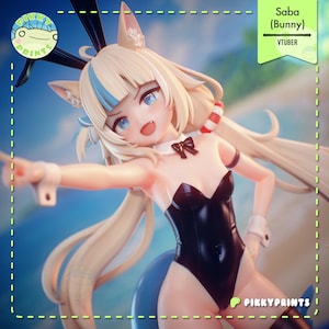 May include: A collectible anime-style figurine of a character named Saba (Bunny) VTUBER. The figure has long blonde hair with a blue streak, animal ears, and a black leotard with a white collar and black bow tie. It wears white wrist cuffs.