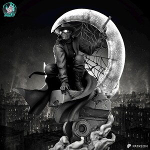 May include: A black and white statue of a character in a long coat, hat, and goggles, holding a gun and perched on a stone structure. A crescent moon with a spiderweb design is behind the figure. The background shows a cityscape.