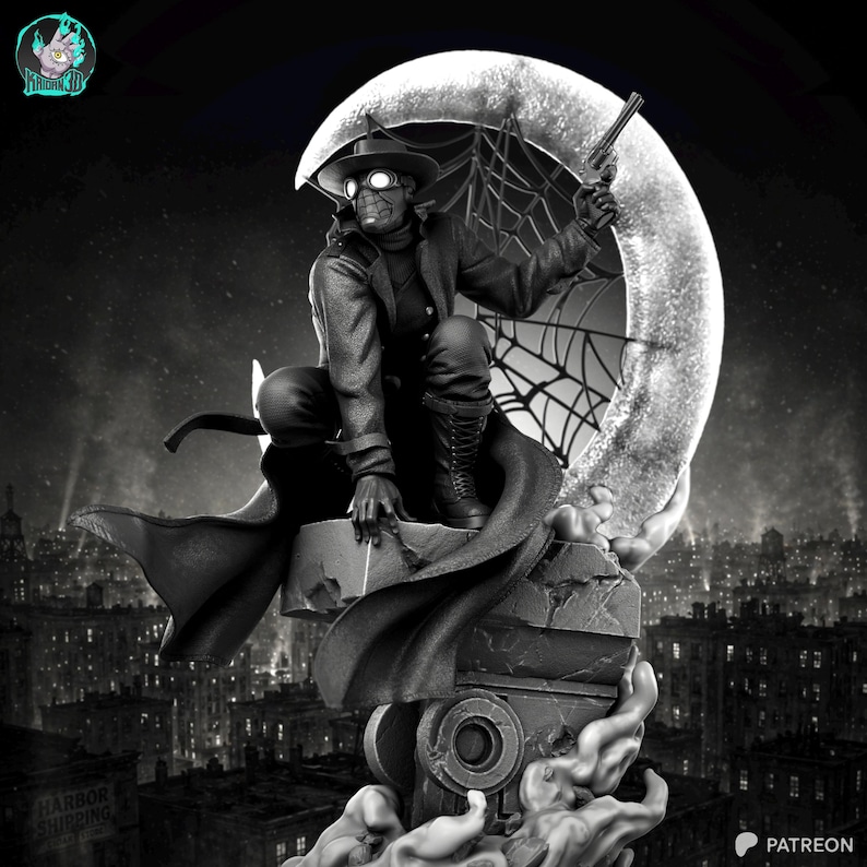 May include: A black and white statue of a character in a long coat, hat, and goggles, holding a gun and perched on a stone structure. A crescent moon with a spiderweb design is behind the figure. The background shows a cityscape.