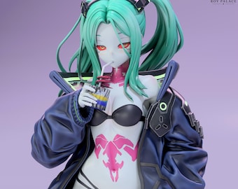 May include: A collectible anime-style figure featuring a character with mint green hair in twin tails, red eyes, and pale skin. The figure wears a black bikini top, black bottoms, and a dark blue oversized jacket. A pink graphic is on the torso.