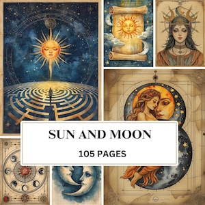 Op de afbeelding: Een verzameling kunstprints met een hemels thema met de zon, maan en sterren. De prints hebben een vintage esthetiek met aquarel illustraties. De tekst "SUN AND MOON" en "105 PAGES" staan op een witte rechthoek.