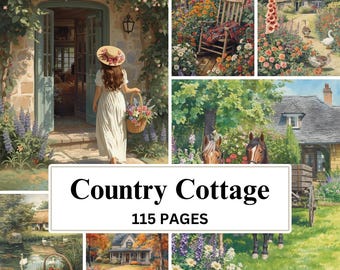 May include: A collection of watercolour paintings showcasing rural scenes. The main image shows a woman in a white dress and straw hat carrying a flower basket. Text reads "Country Cottage" and "115 PAGES".