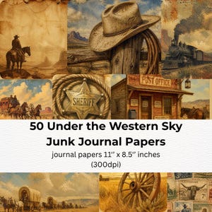 May include: A collection of 50 Western-themed junk journal papers measuring 27.94 cm by 21.59 cm. The images feature a cowboy on horseback, a cowboy hat on a fence post, a steam train, a sheriff star badge, a post office, and a wagon train.