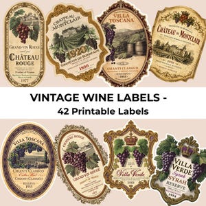 Puede incluir: Una colección de etiquetas de vino vintage con marcos ornamentados e ilustraciones de uvas, viñedos y castillos. Las etiquetas presentan textos como "Chateau Rouge", "Villa Toscana" y "Grand Vin de Bordeaux". La imagen también incluye el texto "Vintage Wine Labels - 42 Printable Labels."