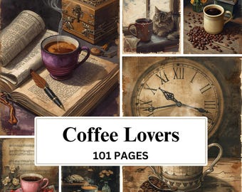 Kaffee Junk Journal Seiten zum Ausdrucken, Vintage Kaffee Ephemera Pack, Café Scrapbook Papier, antike Collage Sheets, Barista Thema