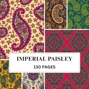 Puede incluir: Un collage de patrones de cachemira en varios colores, incluyendo morado, marrón, verde y rojo. El texto "IMPERIAL PAISLEY" y "130 PAGES" se muestra en un rectángulo blanco.