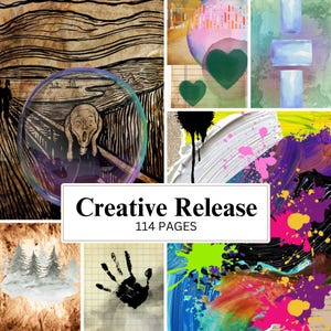 May include: A collage of artistic elements, including a depiction of Edvard Munch's "The Scream" within a bubble, abstract paintings, and a handprint. The text "Creative Release" and "114 PAGES" are displayed on a white rectangle.