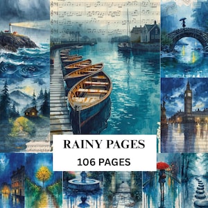 May include: A collage of watercolor paintings with a rainy theme. Scenes include boats, a lighthouse, and cityscapes. The text "RAINY PAGES" and "106 PAGES" is displayed in a white rectangle.