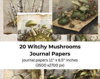 Green Witchy Mushroom Journal Page, 3D Mushrooms, Moss, Burnt Edges Vintage Paper (Digital Download)