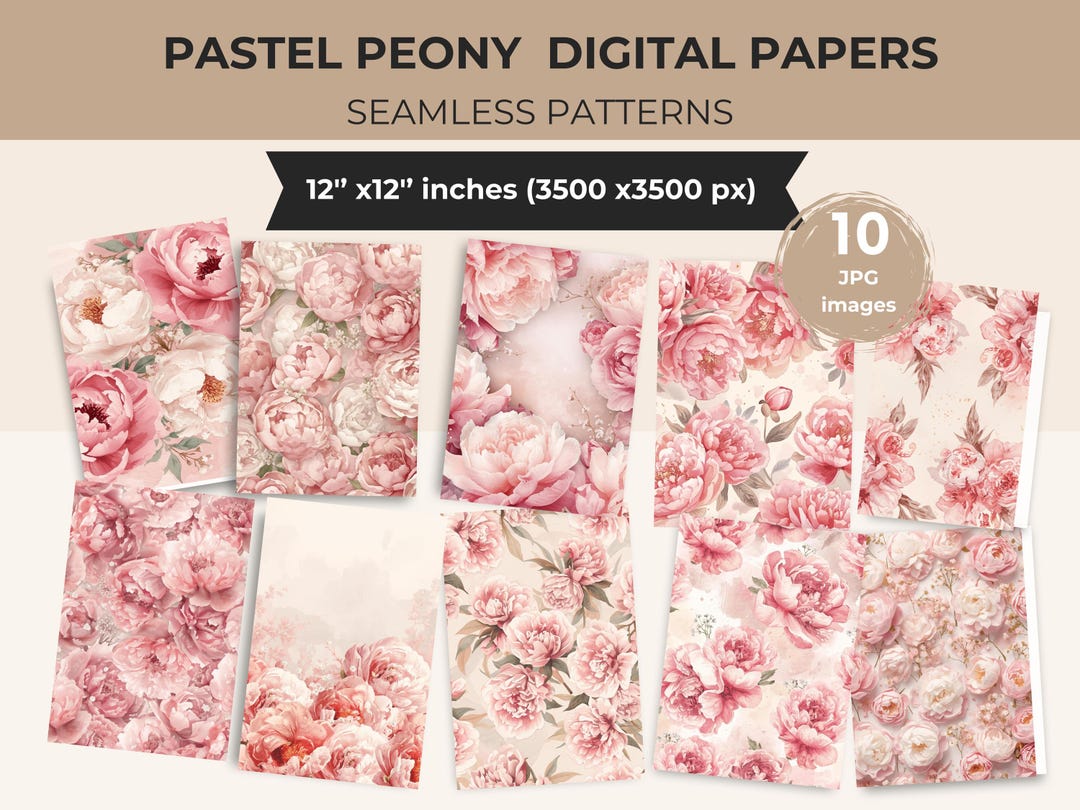 10 Pastel Peony Seamless Patterns – Romantic Realistic Peonies, Soft ...