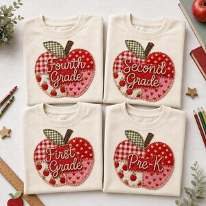 Schulshirt mit Gingham-Streifen und Apfelmuster, rosa Apfelmuster für den Schulanfang, individueller Name oder Klassenstufe möglich, süßes Schulshirt für Mädchen