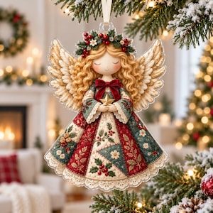 May include: A Christmas tree ornament shaped like an angel with long blonde curly hair, a floral wreath, and large wings. The angel wears a dress featuring a patchwork pattern of red, green, and cream colors with holly and berry motifs.