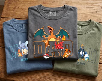 Custom PokaDad Comfort Colors® Tee, Personalized Anime Characters Printed Graphic Tee, Anime Father's Day Gift, Gift For Dad, Pocket
