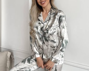 Silk Pajama Set Women, Button Shirt Pajamas, Pants Sleepwear, Bridal Pajama, silk cami