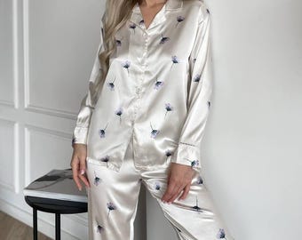Women’s Floral Silk Pajama Set – Button Up Satin Sleepwear with Long Sleeve Shirt and Pants, Silk Suit PJs