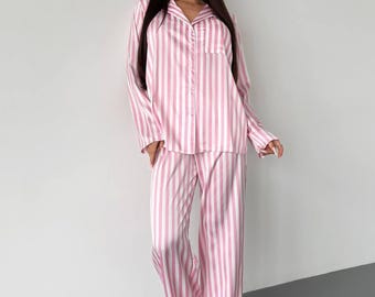 Satin Stripe Pajama Set Women, Button Shirt and Wide Leg Pants, Chocolate Sleep Set