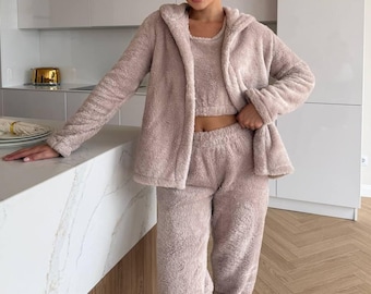 Teddy Fleece Pajama Set Women, 3 Piece Hoodie Crop Top and Pants, Fluffy Lounge Set, Sleep Set