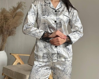 Conjunto de pijama feminino em cetim de seda com calça – Roupa de dormir com botões, pijama de primavera