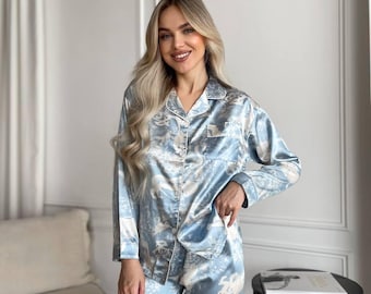Conjunto de pijama de seda para mulheres, roupa de dormir em cetim com blusa de botões e calça com elástico na cintura, roupa de dormir macia para usar em casa, presente para o Dia dos Namorados