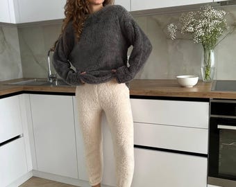 Teddy Fleece Pyjama Set Frauen, Plüsch Top und Hose, Flauschiges Lounge Set, Oversized Schlaf Set