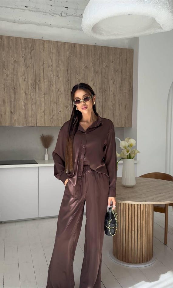 Satin Lounge Set Women, Silk Shirt and Wide Leg Pants, Button Shirt Pajama Set, Spring Sleep Set