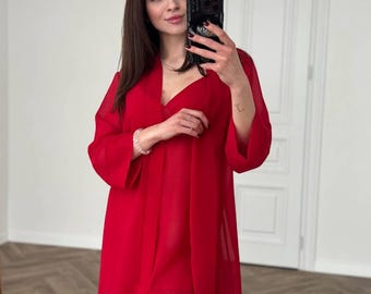 Conjunto de bata y vestido lencero de gasa, bata kimono transparente y camisón, conjunto de mañana nupcial, ropa de dormir de seda