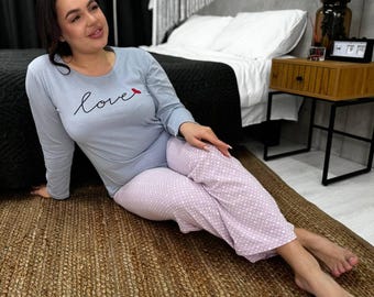 Plus Size Pajama Set Women, Cotton Long Sleeve Sleepwear, Soft Two Piece Sleep Set, Nightwear