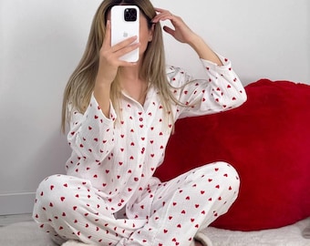 Womens Cotton Pajama Set, Button-Up Shirt and Straight-Leg Pants, Soft Breathable Loungewear Sleepwear Suit, Made in Ukraine