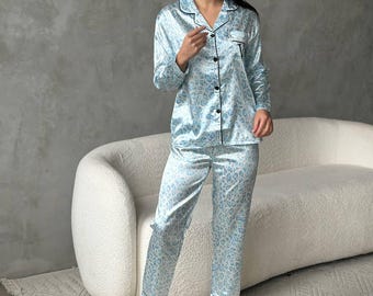Women’s Silk Pajama Set with Button Shirt and Elastic Waist Pants, Soft Elegant Satin Sleepwear, Cozy Home Loungewear, Valentine's Day gift